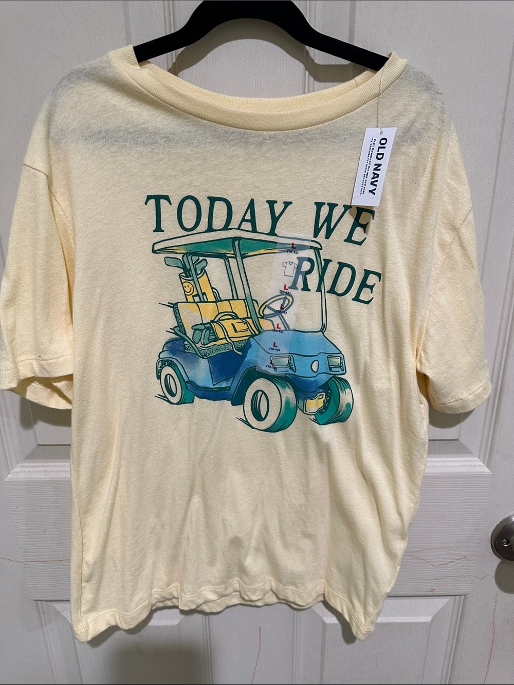 Old Navy Cream Tee with Blue & Teal Golf Cart Graphic